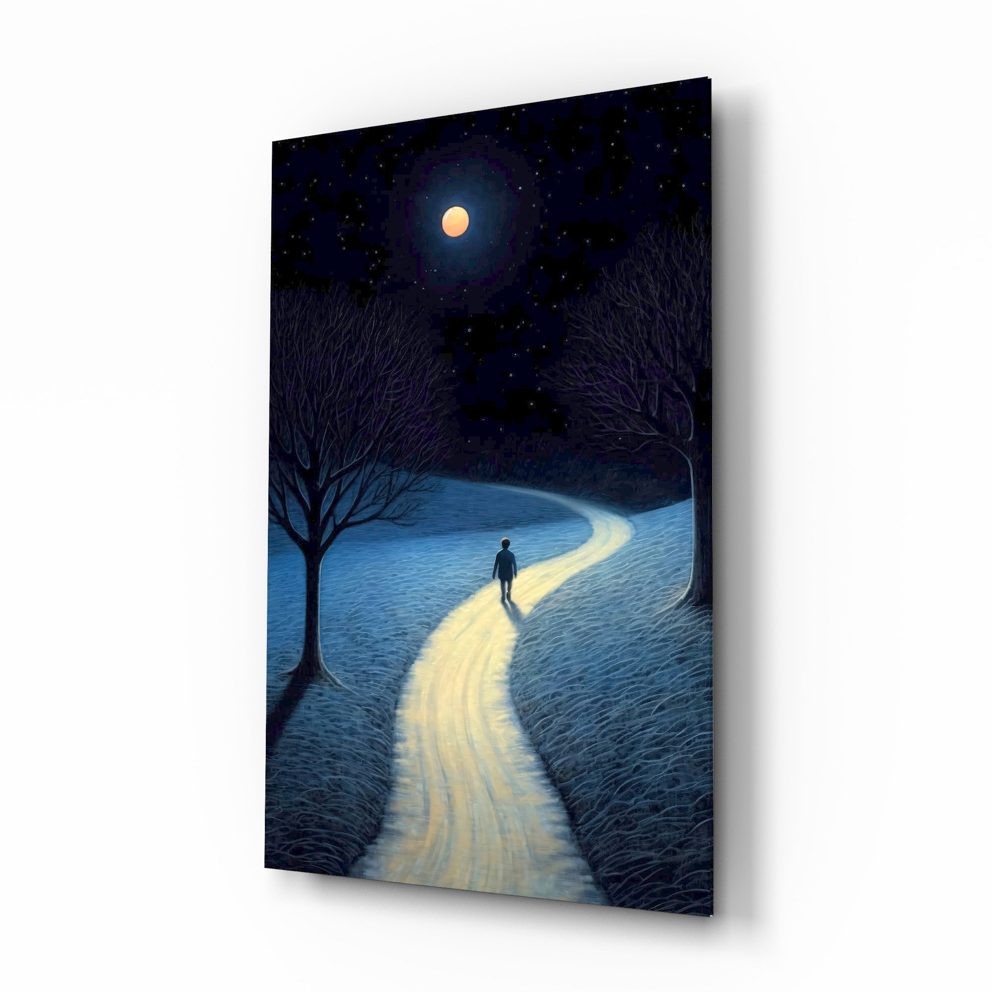 Moonlit path walker cinematic glass wall art over walnut console in designer bedroom
