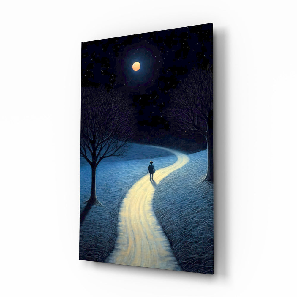 Moonlit path walker cinematic glass wall art over walnut console in designer bedroom