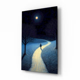 Moonlit path walker cinematic glass wall art over walnut console in designer bedroom