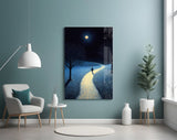 Star-flecked indigo cinematic glass wall art in poetry-room nook