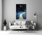 Henri-Rousseau-style cinematic glass wall art in heritage stairwell
