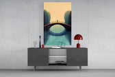 Contemplative landscape cinematic glass wall art in light-filled atelier