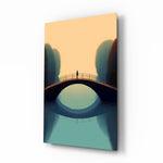 Lone figure arched bridge cinematic glass wall art over walnut console in designer office