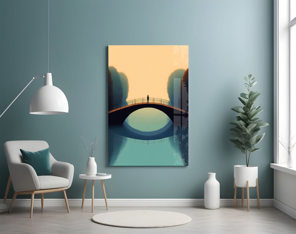 Golden-hour bridge cinematic glass wall art in boutique-hotel lobby