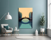 Golden-hour bridge cinematic glass wall art in boutique-hotel lobby