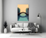 Hopper-style solitude cinematic glass wall art in heritage stairwell