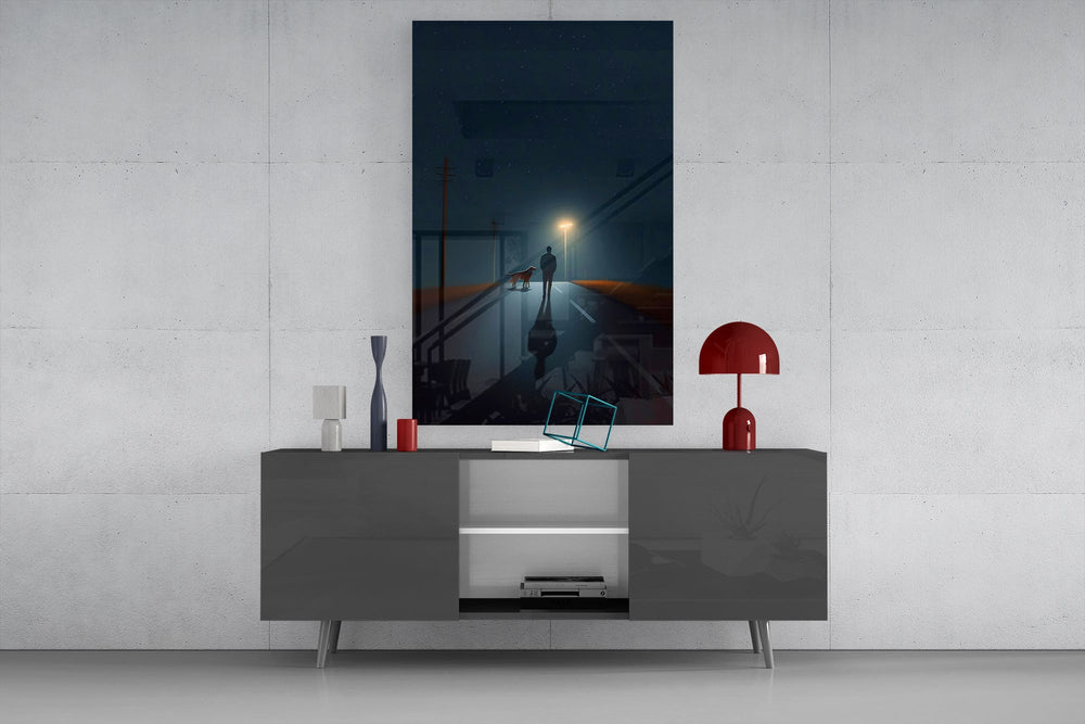 Moody-illustration cinematic glass wall art in masculine-luxe study