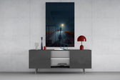 Moody-illustration cinematic glass wall art in masculine-luxe study
