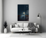 Hopper-atmosphere cinematic glass wall art in heritage stairwell