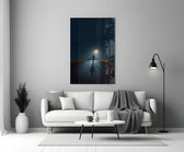 Hopper-atmosphere cinematic glass wall art in heritage stairwell
