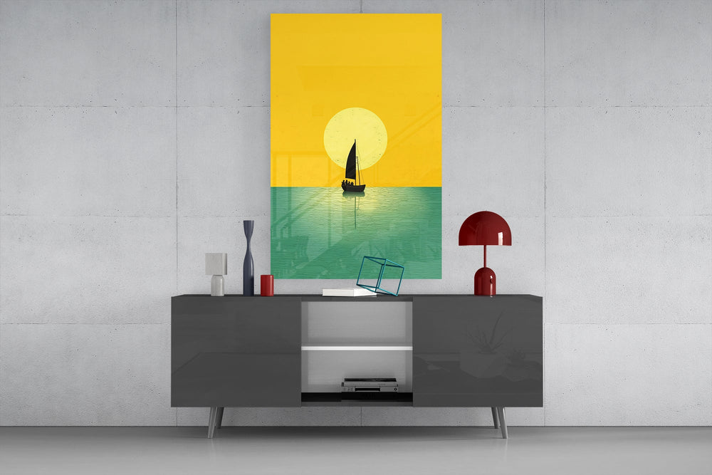 Flat-color landscape cinematic glass wall art in light-filled atelier