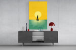 Flat-color landscape cinematic glass wall art in light-filled atelier