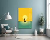 Marigold-and-teal cinematic glass wall art in boutique-hotel suite