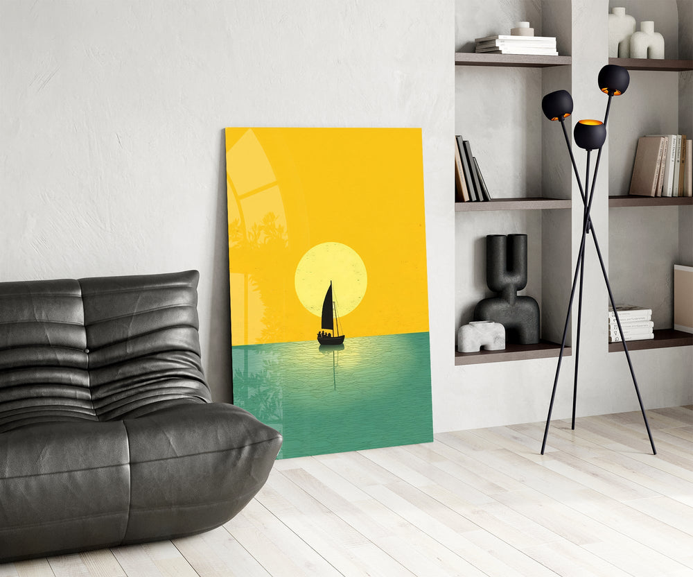 Sun-disc and sailboat cinematic glass wall art over modern dining sideboard