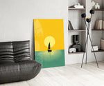 Sun-disc and sailboat cinematic glass wall art over modern dining sideboard
