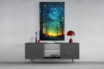 Folk-art night cinematic glass wall art in light-filled atelier