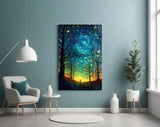Spiraling-stars cinematic glass wall art in writer's-retreat study
