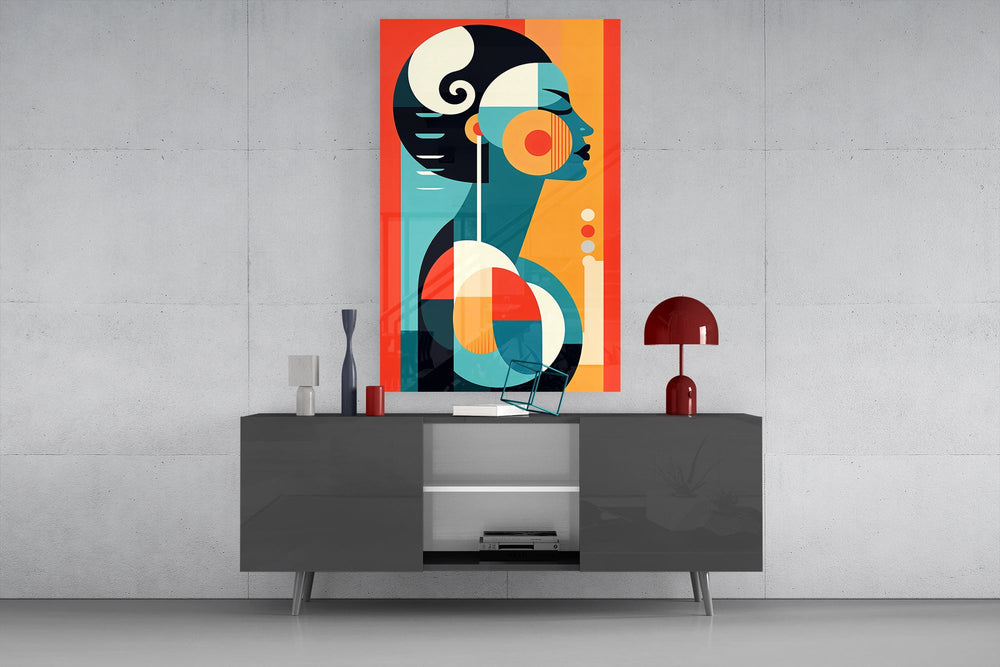Modernist portrait cinematic glass wall art in light-filled atelier