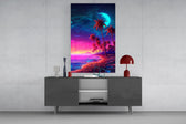 Coastal vaporwave cinematic glass wall art in masculine-luxe study