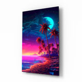 Synthwave tropical beach cinematic glass wall art over walnut console in designer entertainment den