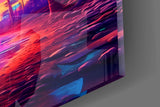 Neon-palms cinematic glass wall art in youth-culture lounge