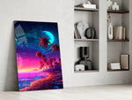 Magenta-and-cobalt sky cinematic glass wall art in private library reading nook