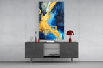 Cosmic-pour cinematic glass wall art in light-filled atelier