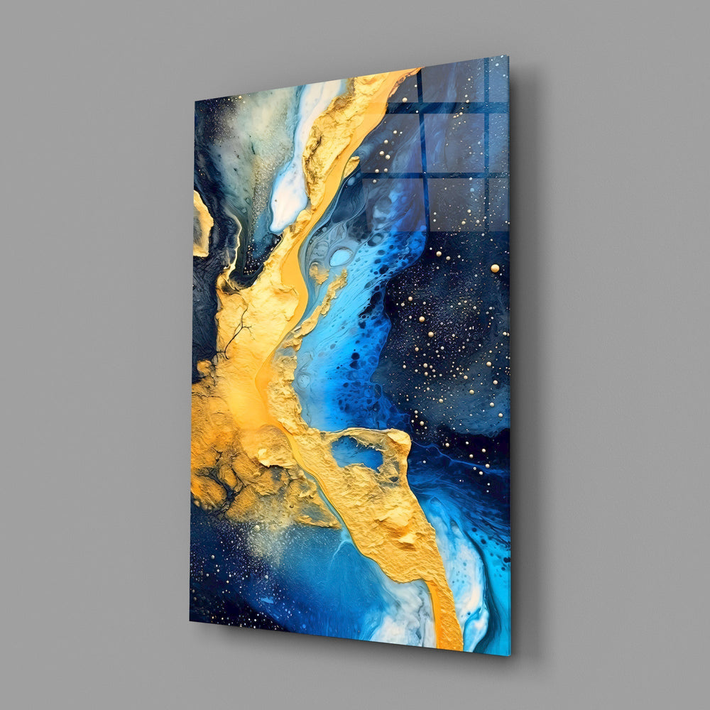 Fluid-art luxe cinematic glass wall art in luxury-watch boutique reception