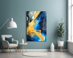 Metallic-pour cinematic glass wall art in boutique-hotel lounge