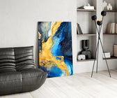 Alcohol-ink cinematic glass wall art over modern dining sideboard