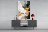Onyx-and-ivory cinematic glass wall art in light-filled atelier