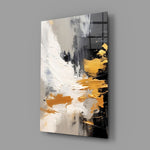 Gestural luxe abstract cinematic glass wall art in luxury-watch boutique entry