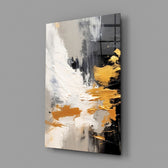 Gestural luxe abstract cinematic glass wall art in luxury-watch boutique entry