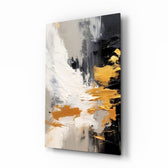 Black white gold impasto cinematic glass wall art over walnut console in designer office