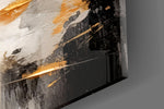 Palette-knife abstract cinematic glass wall art in masculine-luxe study