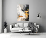 Franz-Kline-style cinematic glass wall art in heritage stairwell