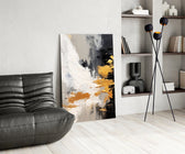 Gold-leaf impasto cinematic glass wall art over modern dining sideboard