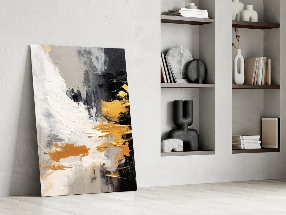 Luxe abstract cinematic glass wall art in private library