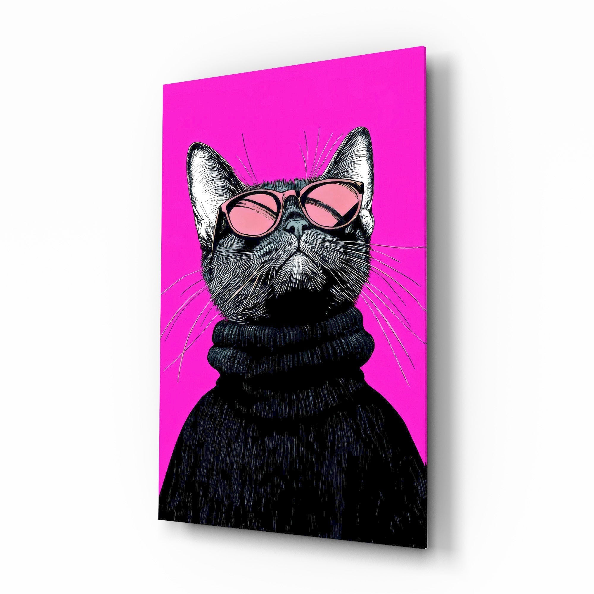 Cool cat pink shades cinematic glass wall art over walnut console in designer fashion atelier