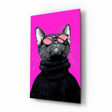 Cool cat pink shades cinematic glass wall art over walnut console in designer fashion atelier
