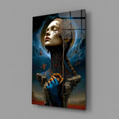 Symbolist fantasy cinematic glass wall art in feminine-luxe powder-room