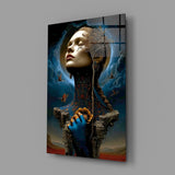 Symbolist fantasy cinematic glass wall art in feminine-luxe powder-room
