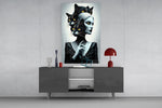 Surreal-portrait cinematic glass wall art in light-filled atelier