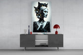 Surreal-portrait cinematic glass wall art in light-filled atelier