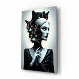 Cat headdress goth muse cinematic glass wall art over walnut console in designer fashion atelier