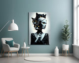 Witchy-couture cinematic glass wall art in boutique-hotel lounge