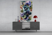Pansy-and-iris cinematic glass wall art in light-filled atelier