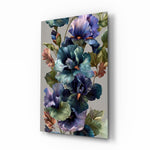 Iris and pansy bouquet cinematic glass wall art over walnut console in designer powder room