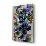 Iris and pansy bouquet cinematic glass wall art over walnut console in designer powder room