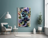 Painterly-iris cinematic glass wall art in botanical-themed lounge